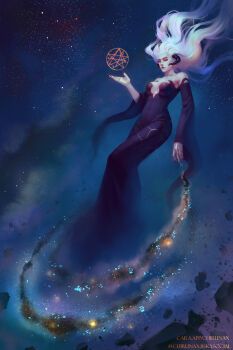1girl artist_name black_dress chirun dress fingernails galaxy giant giantess h_p_lovecraft highres horns magic makeup milky_way nebula night night_sky original pentagram sharp_fingernails sky sky_focus space star_(sky) starry_sky universe white_hair