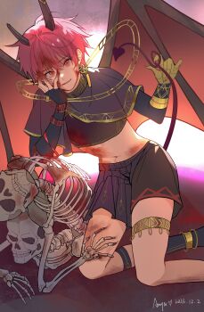 1boy 54anya absurdres alternate_costume artist_name black_cape black_shirt black_shorts blood blood_on_body blood_on_face blood_on_hands bone cape crop_top demon demon_boy demon_horns demon_tail demon_wings earrings gloves highres horns jewelry li_tianchen looking_at_viewer male_focus midriff navel pink_hair red_eyes shiguang_dailiren shirt short_hair shorts signature skeleton skull smile solo tail wings