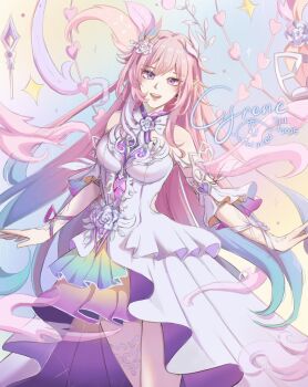 1girl aqua_hair artist_name bare_shoulders blue_sky breasts cyrene_(honkai:_star_rail) cyrene_(ripples_of_past_reverie)_(honkai:_star_rail) dress hashtag-only_commentary highres honkai:_star_rail honkai_(series) large_breasts long_hair looking_at_viewer mimipiied multicolored_hair pink_hair pointy_ears purple_eyes sky solo thighs very_long_hair white_dress white_hair