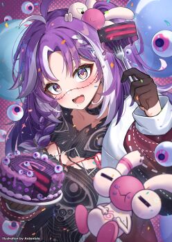 1girl antenna_hair ardenlolo artist_name birthday birthday_cake black_choker black_gloves black_shirt braid cake cake_slice choker commentary creature_on_head drooling english_commentary eye_print eyeball fang food fork gloves grey_eyes highres holding holding_fork holding_plate jacket jared_(michi_mochievee) long_hair long_sleeves looking_at_viewer michi_mochievee michi_mochievee_(1st_costume) mouth_drool multicolored_hair open_clothes open_jacket open_mouth plate print_shirt puffy_long_sleeves puffy_sleeves purple_hair shirt skin_fang solo stitched_face stitches streaked_hair torn_clothes torn_shirt two-tone_hair virtual_youtuber vshojo white_hair