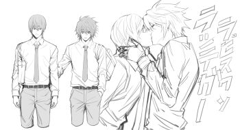 2boys alternate_costume bag bags_under_eyes belt closed_eyes collared_shirt commentary cropped_legs death_note french_kiss highres kiss l_(death_note) male_focus multiple_boys necktie pants ruttika_shin school_bag shirt shirt_tucked_in short_hair shoulder_bag standing translation_request yagami_light yaoi