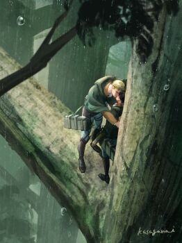 2boys artist_name ascot black_hair blonde_hair boots brown_boots brown_jacket cloak erwin_smith from_above full_body green_cloak highres in_tree jacket kasagana_i kiss levi_(shingeki_no_kyojin) male_focus multiple_boys panties rain shingeki_no_kyojin short_hair three-dimensional_maneuver_gear tree underwear water_drop white_ascot white_panties yaoi