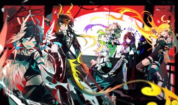 2boys 4girls absurdres ahoge alternate_costume blue_eyes blunt_bangs blurry blurry_background brown_hair chinese_commentary crop_top fake_horns fiery_hair floating formal_clothes bad_tag furina_(genshin_impact) genshin_impact glowing glowing_eyes glowing_hair gradient_hair green_hair hair_ornament highres horns huge_ahoge leaning_back leaning_to_the_side long_hair long_sleeves looking_at_viewer looking_to_the_side magicrabbit49586 mavuika_(genshin_impact) multicolored_hair multiple_boys multiple_girls nahida_(genshin_impact) navel orange_hair purple_eyes purple_hair raiden_shogun raiden_shogun_(magatsu_mitake_narukami_no_mikoto) red_eyes short_hair side_ponytail sitting standing stomach streaked_hair suit tongue two-tone_hair venti_(genshin_impact) zhongli_(genshin_impact)