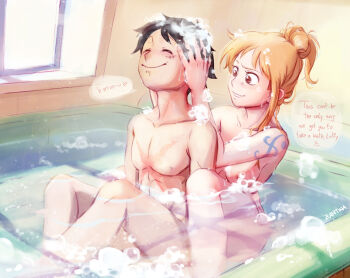 1boy 1girl artist_name bath bathing bathroom black_hair breasts brown_eyes closed_mouth collarbone commentary completely_nude cross_scar english_commentary english_text facial_scar feet_out_of_frame hair_bun hair_up hands_in_another&#039;s_hair highres indoors long_hair looking_at_another medium_breasts monkey_d._luffy nami_(one_piece) nipples nude one_piece orange_hair parted_lips partially_submerged pectorals scar scar_on_cheek scar_on_chest scar_on_face shampoo shared_bathing short_hair shoulder_tattoo single_sidelock sitting sitting_between_lap smile soap soap_bubbles tattoo washing_another washing_hair water wet zantinaa