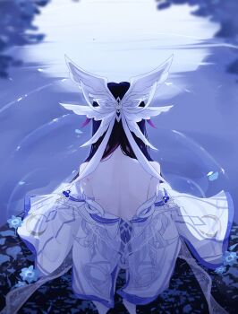 1girl back bare_shoulders black_hair columbina_(genshin_impact) dress flower from_behind genshin_impact hair_ornament highres iooqq long_hair moon moon_reflection multicolored_hair night pink_hair reflection ripples solo twitter_username two-tone_hair water white_dress white_wings wing_hair_ornament wings