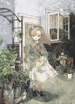 1girl absurdres asymmetrical_bangs bow brown_eyes brown_hair building collar commentary_request door dress flower full_body garden hair_ribbon highres karintoun loafers long_hair long_sleeves looking_at_viewer original outdoors painting_(medium) pale_skin parted_lips plant ribbon shoes smile socks solo standing straight-on traditional_media watercolor_(medium) wavy_hair window