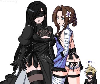 1boy 2b_(nier:automata) 2b_(nier:automata)_(cosplay) 2girls 9s_(nier:automata) 9s_(nier:automata)_(cosplay) aerith_gainsborough aroused_nosebleed backless_outfit bandaged_arm bandaged_leg bandaged_neck bandages black_gloves black_hair blindfold blonde_hair blood blue_negligee boots braid braided_hair_rings breasts brown_hair cleavage_cutout clothing_cutout cloud_strife cosplay feather-trimmed_sleeves final_fantasy final_fantasy_vii final_fantasy_vii:_ever_crisis gloves hair_rings highres hu_manbee_ing kaine_(nier) kaine_(nier)_(cosplay) lingerie lunar_tear multiple_girls negligee nier nier:automata nier_(series) nosebleed official_alternate_costume official_alternate_hairstyle simple_background standing thighhighs thighhighs_under_boots tifa_lockhart tifa_lockhart_(battler_ensemble) underwear