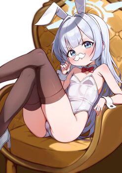 1girl absurdres alternate_costume animal_ear_hairband animal_ears bare_shoulders black_thighhighs blue_archive blue_eyes blue_halo blush bow bowtie breasts brown_thighhighs chair cherino_(blue_archive) closed_mouth crossed_legs detached_collar fake_animal_ears fake_facial_hair fake_mustache grey_hair hair_between_eyes hairband halo hand_up high_heels highleg highleg_leotard highres led_winter legs leotard light_blush loli long_hair on_chair playboy_bunny red_bow red_bowtie shoes simple_background sitting small_breasts solo strapless strapless_leotard thighhighs thighs very_long_hair white_background white_hairband white_leotard white_shoes white_wrist_cuffs wrist_cuffs