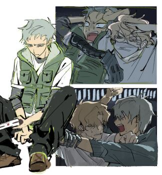 2boys alien_stage alternate_costume alternate_universe arcorclynn black_pants blonde_hair brown_shoes commentary english_commentary green_eyes green_vest grey_hair highres layered_shirt luka_(alien_stage) male_focus mask mouth_mask multiple_boys open_mouth pants shirt shoes sitting till_(alien_stage) vest white_shirt yellow_eyes