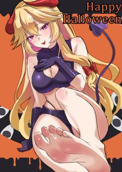 1girl :p absurdres barefoot blonde_hair breasts cleavage cleavage_cutout clothing_cutout demon_girl demon_horns demon_tail feet halloween highres horns kokoillustrator light_blush long_hair looking_at_viewer purple_eyes soles tail toes tongue tongue_out touhou yakumo_yukari