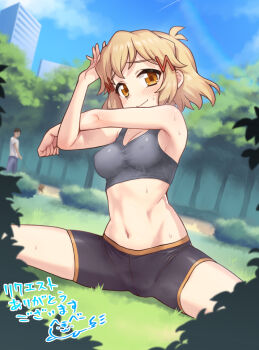 1girl bike_shorts breasts brown_hair cleavage cross-body_stretch exercising flexible gym_shirt heebee looking_at_viewer medium_breasts midriff navel orange_eyes senki_zesshou_symphogear shiny_skin shirt short_hair shorts solo sports_bra sportswear spread_legs stretching sweat tachibana_hibiki_(symphogear) wide_spread_legs