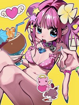 1girl absurdres animal_collar asymmetrical_sidelocks blue_eyes breasts choker collar cup drinking_straw feet_out_of_frame fingernails flower food fruit glass hair_flower hair_ornament hair_rings happy heart heart_in_eye highres holding holding_cup knees_up light_blush long_fingernails mini_wings navel open_mouth orange_(fruit) orange_slice original outline pink_choker pink_hair scocasr sidelocks small_breasts star_(symbol) star_hair_ornament star_in_eye swimsuit symbol_in_eye v white_outline white_wings wings yellow_background