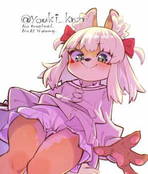 1girl animal_ear_fluff animal_ears animal_nose blonde_hair bloomers blush closed_mouth commentary_request dog_ears dog_girl dutch_angle furry furry_female green_eyes long_hair long_sleeves looking_at_viewer mimi_(yuuki_(yuyuki000)) original shirt simple_background solo underwear white_background white_bloomers white_shirt yuuki_(yuyuki000)