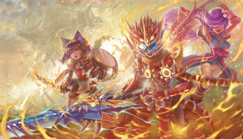 1boy 2girls animal_ears armor assault_visor black_hair blue_eyes blue_visor brown_hair brown_scarf cat_ears claw_(weapon) dragon duel_masters fire flower glenmalt_(duel_masters) hair_between_eyes hair_flower hair_ornament hair_over_eyes hibiki_(duel_masters) high_ponytail highres holding holding_sword holding_weapon islay_(duel_masters) japanese_clothes kimono long_hair multiple_girls muscular muscular_male open_mouth ponytail purple_hair red_armor sayukino scarf short_hair short_shorts shorts shoulder_armor sword teeth vambraces weapon white_shorts