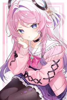Rule 34 | 1girl, :t, alternate costume, black choker, black pantyhose, blue eyes, blush, braid, braided sidelocks, cardigan, choker, citlali (genshin impact), commentary request, facial mark, floating headgear, frilled skirt, frills, genshin impact, gradient hair, hair intakes, hand on own cheek, hand on own face, headgear, highres, kuro774 n, long hair, long sleeves, looking at viewer, multicolored hair, open cardigan, open clothes, pantyhose, pink cardigan, pink hair, pink pupils, pink ribbon, pleated skirt, purple hair, purple skirt, ribbon, sailor collar, school uniform, sitting, skirt, solo, triangle, triangle facial mark, white sailor collar