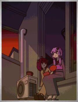 2girls ahoge air_conditioner alternate_costume animated animated_gif balcony blade blunt_bangs bone_71 border brown_kimono color_banding evening eye_contact fanning_self flower_pot glass_door grey_border grey_kimono hair_ornament hand_fan headgear industrial_pipe japanese_clothes kimono long_sleeves looking_at_another looping_animation medium_hair multiple_girls obi open_door paper_fan purple_hair red_eyes red_hair red_sky sandals sash short_hair_with_long_locks side-by-side sitting sky sliding_doors socks summer talking toes_up touhoku_kiritan twilight uchiwa vocaloid voiceroid white_socks yukata yuzuki_yukari zouri