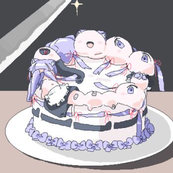 apron bad_id bad_twitter_id cake commentary_request food glint hair_ribbon knife lokulo-chan_(lokulo_no_mawashimono) lokulo_no_mawashimono lowres open_mouth original plate purple_eyes purple_hair red_ribbon ribbon surreal what white_apron