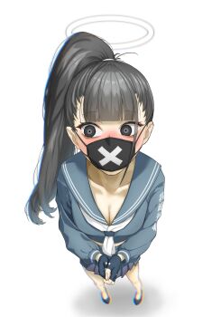 Rule 34 | 1girl, absurdres, blue archive, blush, breasts, cleavage, commentary, daemaron, fingerless gloves, from above, gloves, green eyes, grey hair, halo, highres, korean commentary, large breasts, long hair, long sleeves, looking to the side, mask, mouth mask, ponytail, puffy sleeves, school uniform, skirt, sukeban (smg) (blue archive)