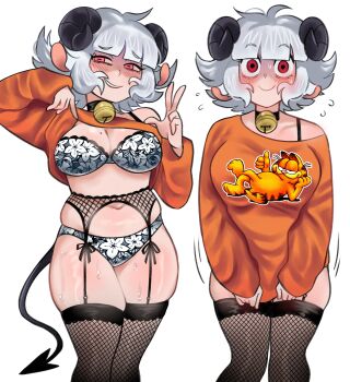 1girl absurdres animal_ears bell black_bra black_choker black_panties black_thighhighs blunt_bangs blush bra breasts choker cleavage closed_mouth clothes_lift collarbone demon_girl demon_horns demon_tail fishnet_thighhighs fishnets flying_sweatdrops garfield garfield_(character) garter_belt garter_straps grey_background grey_hair helltaker highres horns large_breasts looking_at_viewer mole mole_on_breast multicolored_bra multicolored_panties navel neck_bell nervous_smile nervous_sweating original osu_(osulan) osulan panties parted_lips red_eyes red_sweater sheep_ears shiny_skin short_hair sidelocks simple_background skindentation smile solo sweat sweater sweater_lift tail thick_thighs thighhighs thighs underwear v white_bra white_panties