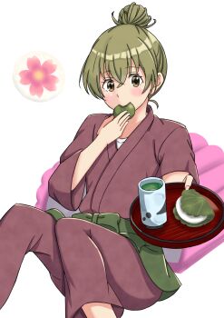 Rule 34 | 1girl, blush, brown eyes, brown hair, cup, deaimon, eating, feet out of frame, food, hair up, highres, samue, simple background, sitting, tarako passuta, tea, tray, wagashi, white background, yukihira itsuka, yunomi