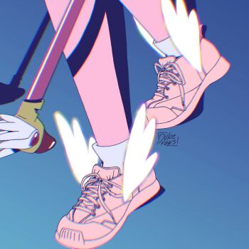 1girl artist_logo cardcaptor_sakura commentary dlzdrz english_commentary fuuin_no_tsue highres kinomoto_sakura leg_focus logo magical_girl scene_reference shoes sneakers solo winged_shoes wings