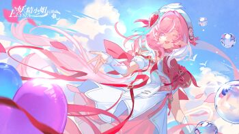 1girl ;o absurdres air_bubble balloon beret blue_sky breasts bubble diamond-shaped_pupils diamond_(shape) dress earrings elf elysia_(hi_love_elf)_(honkai_impact) elysia_(honkai_impact) hat heart heart_balloon heart_earrings highres honkai_(series) honkai_impact_3rd jewelry large_breasts long_hair multicolored_hair nizi_w one_eye_closed pink_hair pointy_ears purple_eyes red_dress second-party_source sky smile solo symbol-shaped_pupils two-tone_hair very_long_hair white_dress white_hair