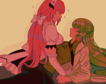 Rule 34 | 2girls, anger vein, black necktie, breasts, coat, commentary, elysia (honkai impact), elysia (miss pink) (honkai impact), elysia (miss pink elf) (honkai impact), english commentary, gloves, green hair, green shirt, highres, honkai (series), honkai impact 3rd, low ponytail, mobius (honkai impact), mobius (pre-surgery) (honkai impact), multiple girls, necktie, pink hair, ponytail, shirt, sleepycty, white coat, white gloves, yuri