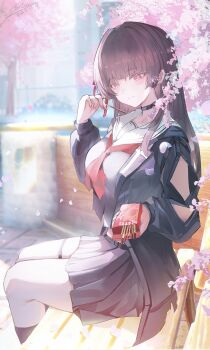 1girl absurdres arm_cutout black_choker black_hair black_jacket black_serafuku black_shirt black_skirt breasts chisa_(wuthering_waves) choker closed_mouth clothing_cutout commentary edison_(mvpg8237) highres holding holding_polearm holding_weapon jacket long_hair long_sleeves looking_at_viewer medium_breasts mole mole_under_eye neckerchief outdoors polearm red_eyes red_neckerchief sailor_collar school_uniform serafuku shirt skirt smile solo weapon white_sailor_collar wuthering_waves