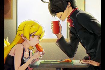 1boy 1girl absurdres ahoge araragi_koyomi backlighting bare_arms black_dress black_hair black_jacket black_pants blonde_hair bloom buttons chromatic_aberration collarbone cup day dispersion_(optics) donut donut_shop dress eating expressionless film_grain flat_chest flipped_hair food from_side gakuran hair_between_eyes hair_flaps hair_over_eyes hand_on_table hand_up hands_up height_difference high_collar highres holding holding_cup holding_donut holding_food indoors jacket leaning_forward light_blush long_hair long_sleeves monogatari_(series) oshino_shinobu overexposure pants parted_lips plate pointy_ears profile red_trim ringed_eyes sanketsu_(user_zxmp2323) school_uniform short_hair sidelocks sleeveless sleeveless_dress smile sundress table teeth two-handed upper_body upper_teeth_only very_long_hair window yellow_eyes