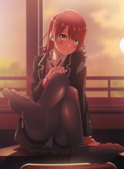 1girl absurdres ass black_jacket black_pantyhose blazer blush brown_eyes brown_hair classroom collar crossed_legs dot_nose female_focus full_body hand_on_own_knee highres indoors isshiki_iroha jacket legs long_sleeves looking_at_viewer miniskirt multicolored_skirt official_art panties panties_under_pantyhose pantyhose pantyshot pink_sweater pink_sweater_vest pink_vest pleated_skirt scan school_uniform shirt short_hair sitting sitting_on_table skirt smile solo solo_focus striped_clothes striped_pantyhose sunset sweater sweater_vest thighs thighs_focus toes underwear vest white_panties white_shirt yahari_ore_no_seishun_lovecome_wa_machigatteiru.