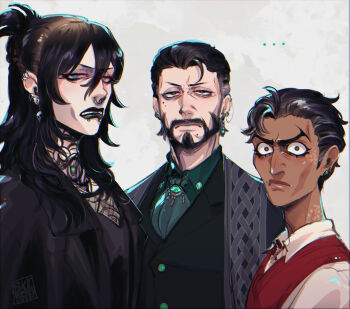 Rule 34 | ..., 3boys, absurdres, androgynous, angry, aquiline nose, ascot, bags under eyes, beard, black eyeliner, black hair, black jacket, black lips, black shirt, blackberreh-art, blonde hair roots, collared shirt, crow's feet, design speculation, ear piercing, earrings, elias bouchard, eyelashes, eyeliner, eyeshadow, facial hair, fishnet top, fishnets, frown, frown lines, furrowed brow, gerard keay, goth fashion, green pupils, green shirt, grey hair, hair slicked back, highres, jacket, jewelry, jitome, jonathan sims, lips, long hair, makeup, male focus, mature male, mole, mole under eye, mole under mouth, multicolored hair, multiple boys, neck tattoo, nose, pale skin, piercing, roots (hair), sanpaku, scar, scar on face, septum piercing, shirt, short hair, smile lines, snakebite (piercing), tattoo, teeth, the magnus archives, trait connection, two-tone hair, vest, white shirt, wide-eyed, wrinkled skin