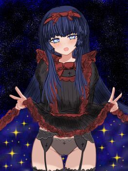 1girl :d a_world_underneath black_dress black_souls black_souls_2 black_thighhighs blue_eyes blue_hair blunt_bangs blush bow bow_hairband bright_pupils cameltoe clothes_lift commentary_request cowboy_shot cross cross-shaped_pupils cross_print dot_nose double_v dress dress_lift flashing garter_belt gothic_lolita grey_panties hairband highres hime_cut inverted_cross lace lace-trimmed_panties lace-trimmed_thighhighs lace_trim lifting_own_clothes lingerie lolita_fashion long_hair looking_at_viewer mabel_(black_souls) official_style open_mouth panties red_bow red_hairband smile solo sparkle standing star_(sky) star_(symbol) star_in_eye starry_sky_background starry_sky_print straight_hair sushi_yuusha_toro_(style) symbol-shaped_pupils symbol_in_eye thigh_gap thighhighs tianyingyyy0721 two-sided_dress two-sided_fabric underwear v yellow_pupils