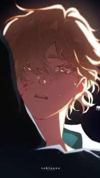 1boy 1girl alien_stage artist_name black_hood blonde_hair blood blood_on_face blood_splatter colored_eyelashes commentary highres hood hood_up hyuna_(alien_stage) luka_(alien_stage) male_focus open_mouth short_hair solo_focus tears tokitokiee yellow_eyes