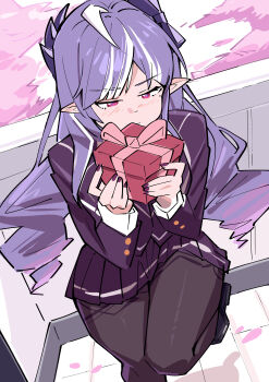 1girl absurdres ahoge alternate_costume black_pantyhose black_shoes bow closed_mouth commentary_request drill_hair gift hair_bow half-closed_eyes highres holding holding_gift long_hair mole mole_under_eye pantyhose pleated_skirt pointy_ears purple_bow purple_eyes purple_hair purple_nails purple_skirt school_uniform shoes skirt solo standing standing_on_one_leg vivian_banshee zenless_zone_zero zp_(276878679)