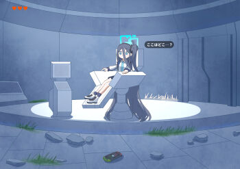 1girl absurdly_long_hair aris_(blue_archive) black_hair blue_archive blue_eyes blue_halo blue_necktie collared_shirt commentary controller double-parted_bangs full_body game_controller gameplay_mechanics grass hair_between_eyes halo heads-up_display health_bar highres indoors long_hair long_hair_between_eyes long_sleeves miaki_(mi_autumn39) necktie nintendo one_side_up parody school_uniform shirt shoes sitting solo speech_bubble the_legend_of_zelda the_legend_of_zelda:_breath_of_the_wild translation_request user_interface very_long_hair white_shirt white_shoes