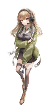 0v0_(l_seohui) 1girl absurdres aircraft airplane black_jacket black_skirt black_thighhighs blazer boots breasts brown_boots brown_eyes brown_hair collared_shirt full_body green_jacket headphones highres jacket jet long_hair long_sleeves looking_at_viewer medium_breasts miniskirt necktie open_clothes open_jacket original pleated_skirt shirt skirt smile solo strap sunglasses thighhighs two_side_up unworn_eyewear white_shirt zettai_ryouiki