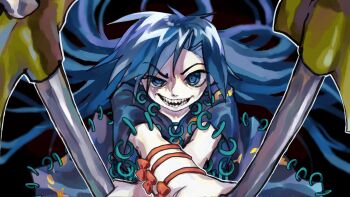 1girl arm_bow black_background black_dress blue_eyes blue_hair bow commentary_request cowboy_shot crazy_eyes crossed_arms dress dual_wielding floating_clothes floating_hair furrowed_brow highres himemushi_momoyo holding holding_pickaxe long_hair open_mouth orange_bow outstretched_arms pickaxe sharp_teeth short_sleeves simple_background smile solo straight-on teeth touhou very_long_hair waiwa_way