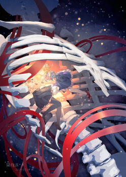 2girls black_pantyhose black_shoes black_skirt blonde_hair blue_shirt bone brown_hair cheek_poking chinese_commentary commentary_request dated expressionless floating frills full_body furahata_gen giant_skeleton glowing hand_on_another's_hand hat highres maribel_hearn mob_cap multiple_girls pantyhose parted_lips poking purple_eyes purple_skirt reaching reaching_towards_another red_shoes shirt shoes skeleton skirt smile touhou usami_renko white_pantyhose white_shirt