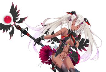 1girl black_dress black_gloves black_thighhighs black_wings breasts chikubi_(artist) cleavage closed_eyes corruption dark-skinned_female dark_persona dark_skin demon_girl dress finger_to_mouth game_cg gloves hair_ornament head_wings holding holding_staff kusarou large_breasts large_variant_set long_hair magical_girl mahou_shoujo_inori mamiya_seira navel non-web_source official_art panties pubic_tattoo side-tie_panties solo staff stomach_tattoo tattoo thighhighs transparent_background twintails underwear variant_set very_long_hair wand white_hair white_panties wings