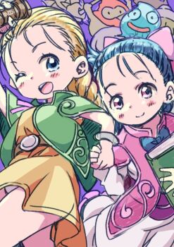 2girls aged_down arm_up belt bianca_(dq5) blonde_hair blue_eyes blue_hair blush book bracelet braid braided_ponytail capelet closed_mouth commentary_request dragon_quest dragon_quest_monsters_4 dragon_quest_v dress flora_(dq5) forehead green_capelet green_poncho hair_pulled_back hammerhood_(dragon_quest) holding holding_book holding_hands jewelry long_hair looking_at_viewer medium_hair multiple_girls naruse_yasuhiro one_eye_closed open_mouth orange_dress pink_capelet pink_eyes pink_poncho ponytail slime_(dragon_quest) smile thighs white_dress