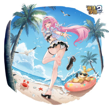 1girl ass beach benghuai_xueyuan bikini bikini_skirt bird blue_eyes blue_sky bracelet breasts copyright_logo crab elysia_(honkai_impact) elysia_(miss_pink_elf)_(honkai_impact) elysia_(summer_miss_elf)_(honkai_impact) from_behind hairband highres homu_(honkai_impact) honkai_(series) honkai_impact_3rd in-franchise_crossover innertube jewelry logo long_hair looking_at_viewer medium_breasts ocean official_alternate_costume official_art palm_tree pink_hair rero_(bigdoorbig2) sandals scrunchie seagull single_bare_foot sky smile soles solo swim_ring swimsuit thigh_strap toes tree very_long_hair waving white_bikini white_hairband wrist_scrunchie