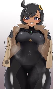 1girl black_hair blush bodysuit breasts dark-skinned_female dark_skin emma_(pokemon) gloves jacket large_breasts looking_at_viewer milkteaga0141 nintendo pokemon pokemon_legends:_z-a purple_eyes short_hair teeth undressing white_background