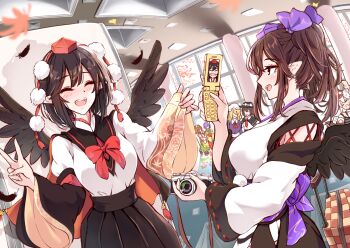 6+girls :d ^_^ ascot black_cape black_capelet black_hair black_hat black_skirt black_wings blonde_hair bow bowtie breasts brown_hair camera cape capelet cellphone checkered_clothes checkered_kimono closed_eyes collared_shirt commentary_request detached_sleeves double-parted_bangs dress falling_feathers falling_leaves feathers fedora flip_phone ginkgo_leaf hair_bow hat hat_bow hieda_no_akyuu highres himekaidou_hatate holding holding_camera holding_phone indoors inubashiri_momiji japanese_clothes kagami_toufu kimono kourindou_tengu_costume large_breasts leaf long_hair long_sleeves maple_leaf maribel_hearn mob_cap motoori_kosuzu multiple_girls necktie open_mouth phone pleated_skirt pointy_ears pom_pom_(clothes) purple_bow purple_dress purple_hair purple_hat red_ascot red_bow red_bowtie red_cape red_hat red_kimono red_necktie red_ribbon ribbon ribbon-trimmed_sleeves ribbon_trim shameimaru_aya shirt short_hair sidelocks skirt smile suitcase taking_picture teeth tokin_hat touhou twintails two-sided_cape two-sided_fabric upper_teeth_only usami_renko v white_bow white_hat white_kimono white_shirt wide_sleeves wings yellow_kimono