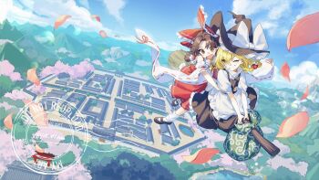 2girls :o ;d apron black_hat black_shoes black_skirt black_vest blonde_hair blue_sky bow braid broom broom_riding brown_hair cloud commentary_request commission day detached_sleeves flying frilled_bow frilled_hair_tubes frills grin hair_bow hair_tubes hakurei_reimu hat hat_bow hat_ribbon highres human_village_(touhou) jill_07km kirisame_marisa long_hair long_sleeves mary_janes multiple_girls one_eye_closed open_mouth outdoors petals puffy_short_sleeves puffy_sleeves red_bow red_eyes red_shirt red_skirt ribbon ribbon-trimmed_sleeves ribbon_trim shirt shoes short_sleeves side_braid single_braid skeb_commission skirt sky sleeveless sleeveless_shirt smile socks torii touhou v-shaped_eyebrows vest village waist_apron watermark white_apron white_bow white_ribbon white_shirt white_socks witch_hat