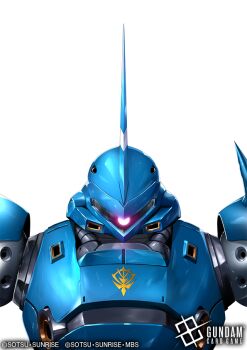 Rule 34 | commentary request, copyright notice, english text, glowing, glowing eye, gundam, gundam 0080, gundam card game, kampfer (mobile suit), kenko (a143016), logo, looking at viewer, mecha, mecha focus, mobile suit, no humans, official art, one-eyed, portrait, promotional art, purple eyes, radio antenna, realistic, robot, roundel, science fiction, sunrise (company), title, white background, zeon
