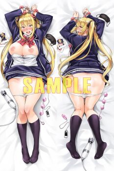 1girl anal_beads arms_up ass black_skirt black_socks black_sweater blindfold blonde_hair blush bow bowtie bra breasts breasts_out censored commentary_request crying cuffs dakimakura_(medium) facing_away full_body hair_ribbon highres huge_breasts kneehighs long_hair looking_at_viewer lying merchandise_available multiple_views nipples on_back on_stomach original panties photo_(object) red_bow red_bowtie ribbon sample_watermark school_uniform sex_toy shirt skirt socks sweater takurou thighs twintails underwear very_long_hair vibrator watermark white_background white_bra white_panties white_shirt