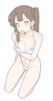 Rule 34 | 1girl, absurdres, blue one-piece swimsuit, blush, braid, braided bangs, breasts, brown eyes, brown hair, collarbone, fang, full body, groin, highres, kotobuki hisako, large breasts, long hair, looking at viewer, navel, one-piece swimsuit, open mouth, s10021, seitokai ni mo ana wa aru!, side ponytail, simple background, solo, striped clothes, striped one-piece swimsuit, sweat, swimsuit, white background