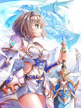1girl arm_guards armor baizu_(guszx) bare_shoulders belt blue_belt blue_eyes blunt_bangs blush breasts brown_hair bustier closed_mouth cowboy_shot dragon excellia_cruz from_side greatsword highres holding holding_sword holding_weapon large_breasts official_art profile shironeko_project short_hair short_shorts shorts shoulder_armor sidelocks smile standing sword thighs third-party_source tiara weapon white_bustier white_dragon white_shorts