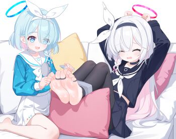2girls :d absurdres arms_up arona_(blue_archive) barefoot black_choker black_hairband black_pantyhose black_sailor_collar black_serafuku black_shirt black_skirt blue_archive blue_eyes blue_hair blue_halo blue_pupils blue_shirt bound bound_toes bow braid chinese_commentary choker closed_eyes colored_inner_hair commentary_request couch eugenecolin eyes_visible_through_hair feet foot_focus foreshortening hair_bow hair_brush hair_over_one_eye hairband halo highres holding holding_hair_brush large_variant_set long_hair long_sleeves lube medium_hair miniskirt multicolored_hair multiple_girls neckerchief on_couch open_mouth pantyhose pink_hair plana_(blue_archive) pleated_skirt puffy_long_sleeves puffy_sleeves red_halo sailor_collar sailor_shirt school_uniform serafuku shirt side_braid single_braid skirt smile soles toes torn_clothes torn_pantyhose two-tone_hair variant_set white_bow white_choker white_hair white_hairband white_neckerchief white_sailor_collar white_skirt