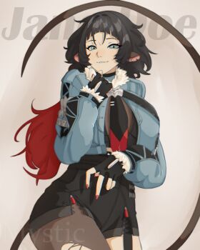 Rule 34 | 1girl, 2024, absurdres, animal ears, artist name, black hair, black shorts, blue eyes, breasts, brown pantyhose, brown thighhighs, callmemystic, character name, coat, commentary, drop shadow, ear piercing, english commentary, fingernails, gradient hair, grey coat, highres, jane doe (zenless zone zero), large breasts, long hair, mechanical tail, mouse ears, mouse girl, mouse tail, multicolored hair, nail polish, pantyhose, parted lips, piercing, pink background, prehensile tail, red hair, red nails, shorts, single leg pantyhose, single thighhigh, sleeveless, solo, standing, tail, thighhighs, torn clothes, torn pantyhose, torn thighhighs, two-tone hair, upper body, zenless zone zero